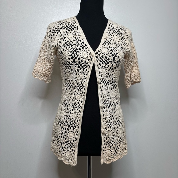 Vintage F.A.I. Crochet Cardigan Women’s L 100% Cotton Open Knit Boho Cream - Picture 3 of 16